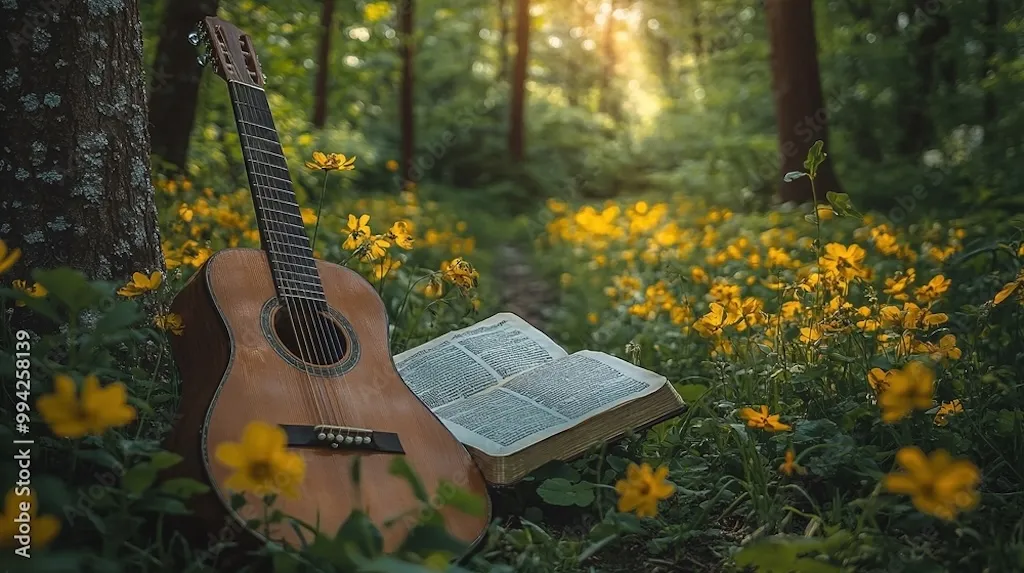 peaceful garden gathering for a christian family worship session emphasizing the importance of guitar music and bible reading in their faith